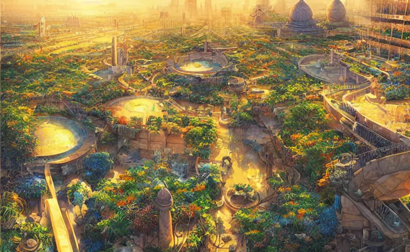 Prompt: beautiful detailed landscape artwork of the futuristic gardens of babylon, golden hour, masterpiece by Makoto Shinkai