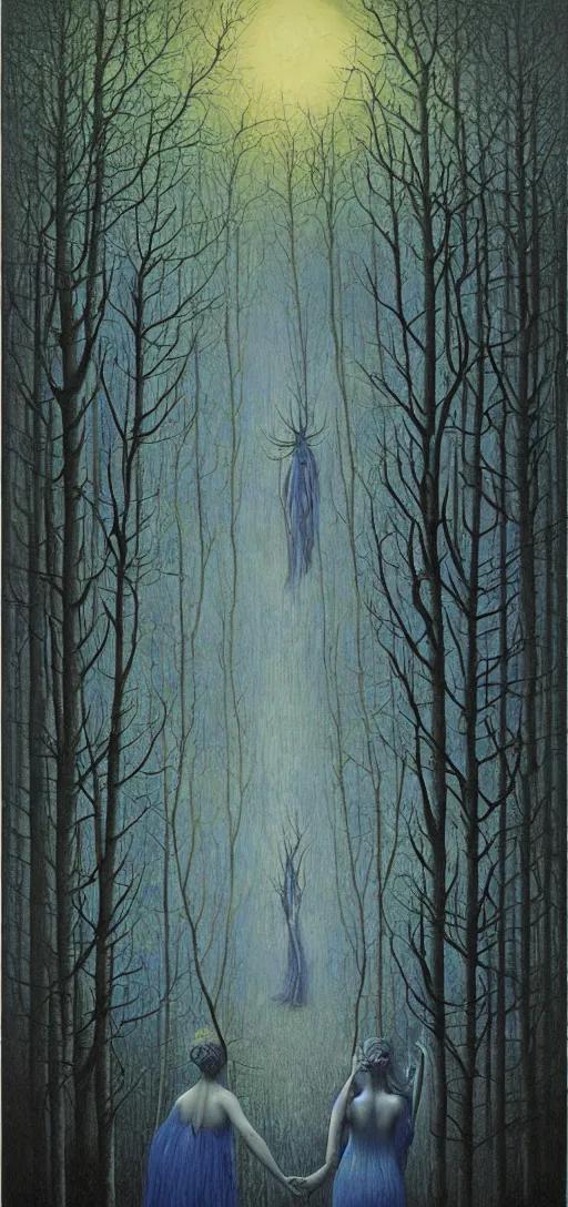 Image similar to painterly dreamy Kupala Night in the blue forest with trees which have eyes, giant flowers, glowing owls, deers, women, lianas, thistles, giant fantasy creatures, a stream and sky with moon and stars by Beksinski, Alex Grey, Aron Wiesenfeld and Giger dark fantasy, witcher, very detailed oil painting in the alla prima style, masterpiece, 8k