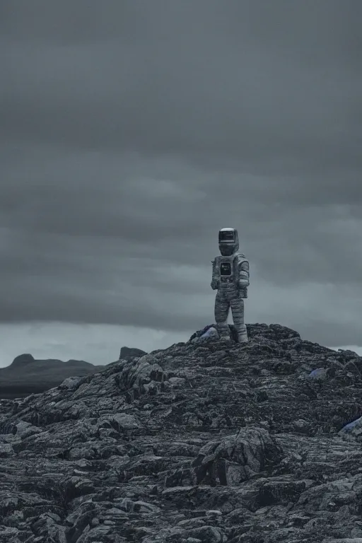 Prompt: futuristic astronaut standing in rocky landscape of Isle of Harris, Scotland, 35mm, photorealistic