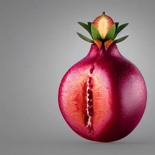 Image similar to fruit character that looks just like michelle obama as a pomegranate, 8 k, fruit eyes, fruit world, beautiful matte painting, by johfra bosschart, hyper realistic, studio lighting, octane render