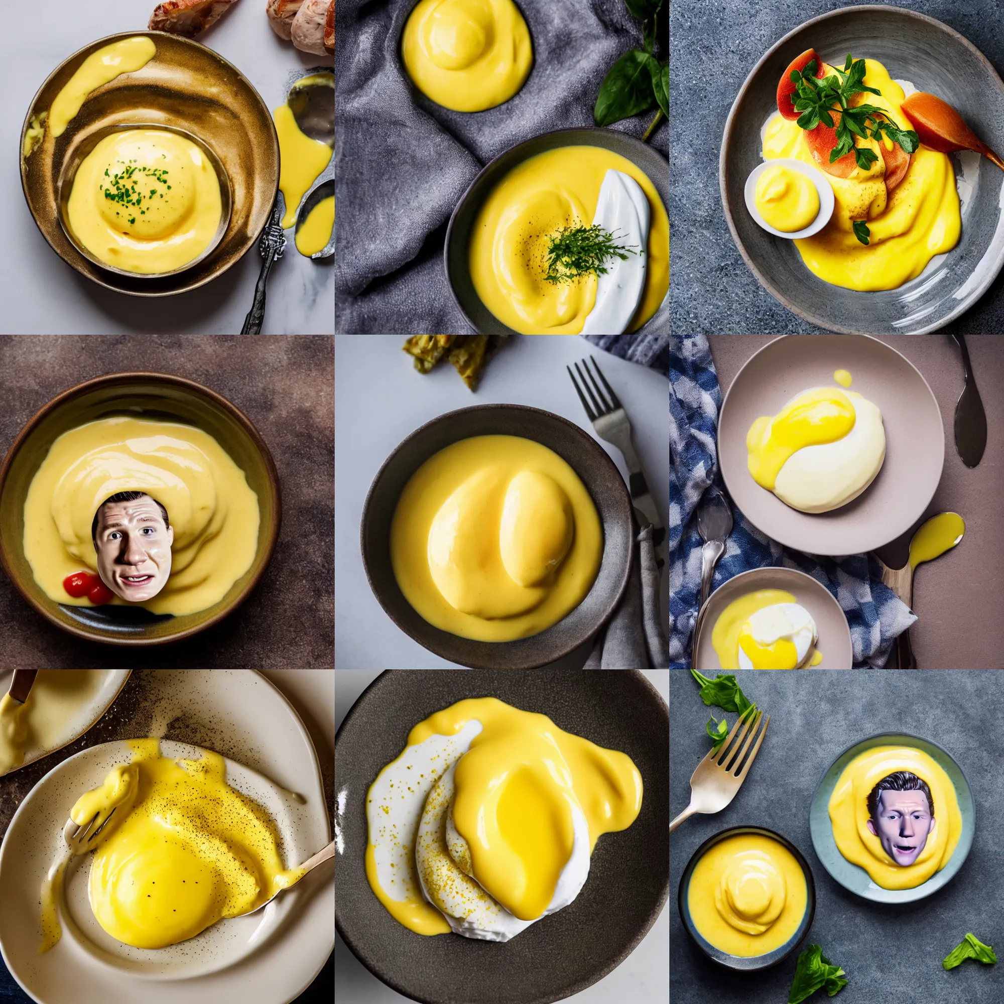 Prompt: a bowl of hollandaise sauce in the shape of tom holland's face, tom holland, macro shot, high detail