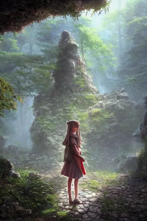 Image similar to a highly detailed matte painting of a teenager with shaggy hair and hip clothes standing in front of a stone gate in the elven forest ruins, by studio ghibli, by artgerm, by wlop, by greg rutkowski, red tones, volumetric lighting, octane render, 4 k resolution, trending on artstation, masterpiece