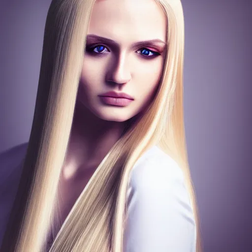 Prompt: portrait of a woman with long blonde hair, straight hair, white clothes, professional, photograph, highly detailed, beautiful face, elegant, 4k, photorealistic, dramatic lighting, trending on social media,