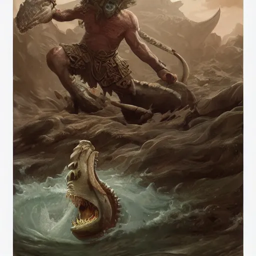 Image similar to robin williams in an epic battle with a sea monster, fantasy, d & d, intricate, elegant, highly detailed, digital painting, artstation, concept art, matte, sharp focus, illustration, art by john collier and albert aublet and krenz cushart and artem demura and alphonse mucha