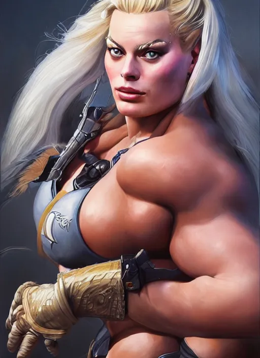 Image similar to detailed portrait of margot robbie as a thick female bodybuilder zarya from overwatch, attractive, beautiful, fantasy, intricate, elegant, highly detailed, digital painting, artstation, concept art, matte, sharp focus, illustration, art by aenaluck, artgerm and roberto ferri and greg rutkowski, epic fantasy, digital painting