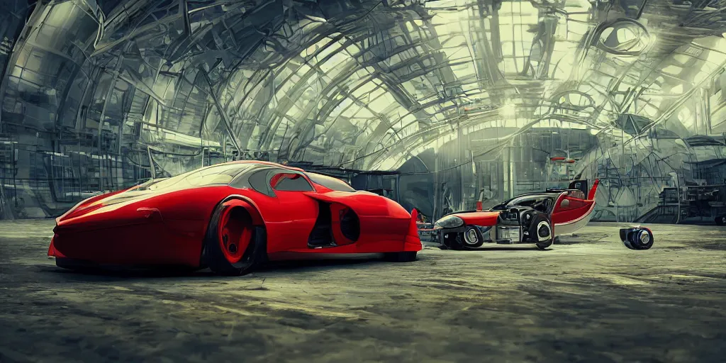 Image similar to kama russian electrocar, inside futuristic hangar, red car, sharp focus, ultra realistic, ultra high pixel detail, cinematic, intricate, cinematic light, concept art, illustration, art station, unreal engine 8 k