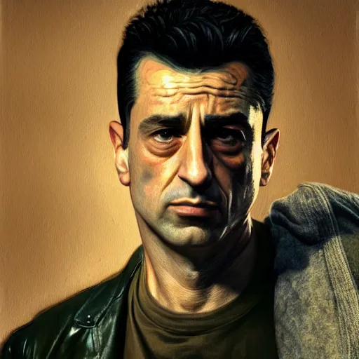 Image similar to realistic portrait of travis bickle ( robert deniro ), trending on artstation, low angle oil painting and composition laws, cinematic lighting, hyperdetailed, cgsociety, 8 k, martin scorsese cinematography, taxi driver