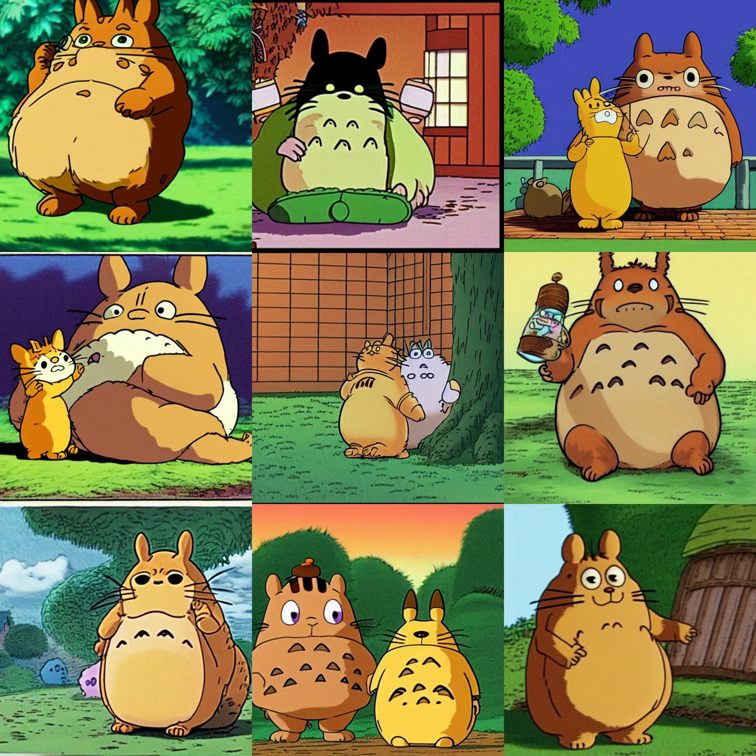 Prompt: garfield as totoro in my neighbor totoro ( 1 9 8 8 ) by jim davis