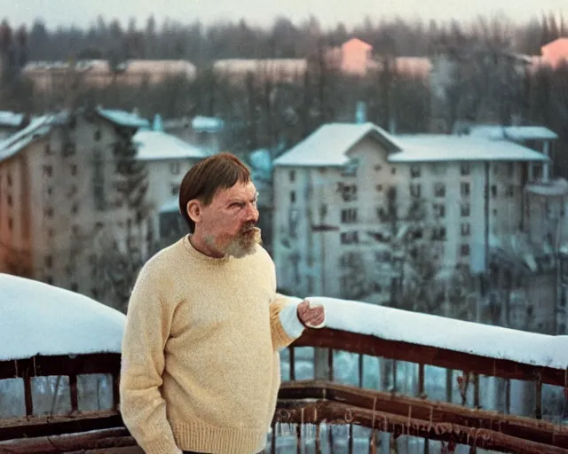 Image similar to award - winning lomographic tarkovsky film still of 4 0 years russian man with beard and sweater standing on small hrushevka 9 th floor balcony in taiga looking at sunset, cinestill, bokeh