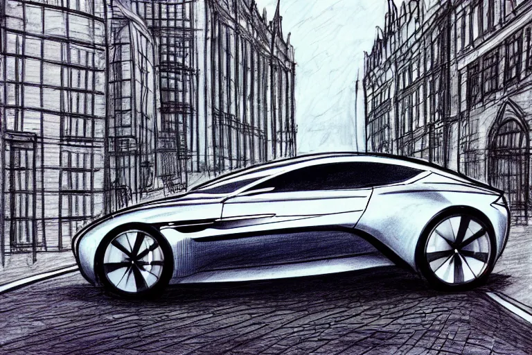 Image similar to copic marker pen drawing of an aston martin concept car, in a london business district street, medium range, sharp, very detailed, high resolution, trending on artstation