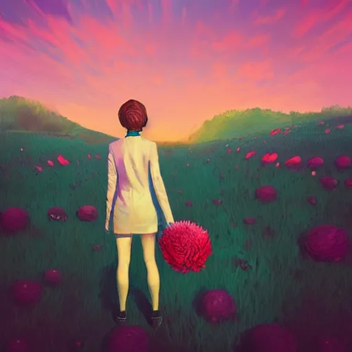 Image similar to portrait, giant rose flower head, girl walking in a suit, surreal photography, sunrise, blue sky, dramatic light, impressionist painting, digital painting, artstation, simon stalenhag