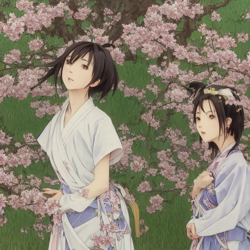 Prompt: portrait of a girl, sakura tree in background, yukata clothing, real faces, anime style, short hair, hair down, symmetrical facial features, from arknights, hyper realistic, 4 k, extreme detail, detailed drawing, trending on pixiv fanbox, realistic lighting, by alphonse mucha, greg rutkowski, sharp focus, backlit