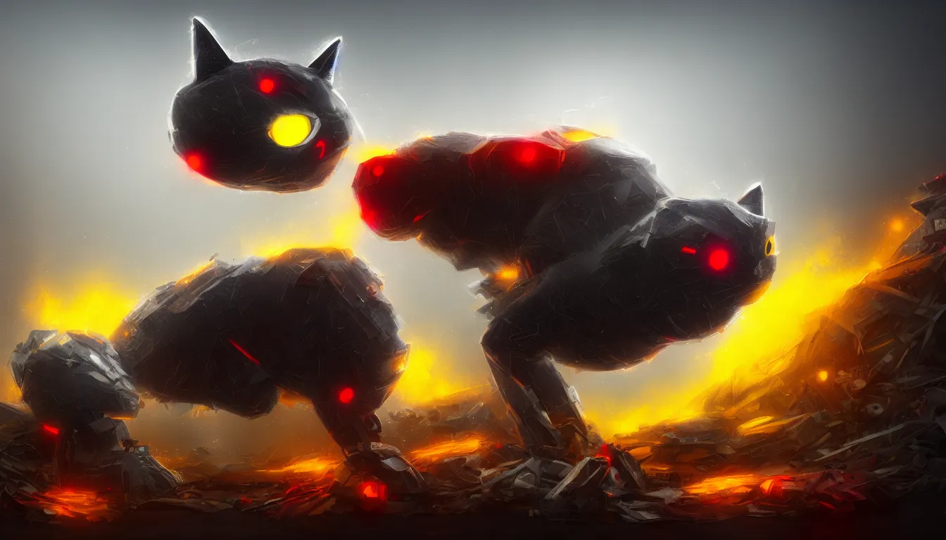 Prompt: ai limbo, gigantic robotic cat with red eyes walks in a trash heap in yellow mist, digital art, trending on artstation, 8k, highly detailed,