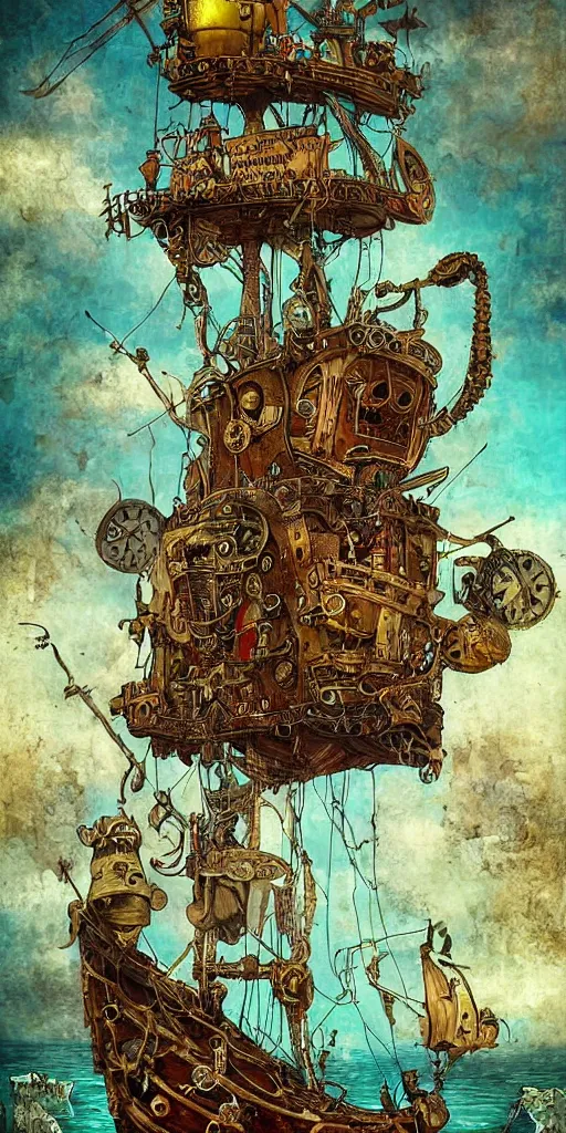 Image similar to a detailed digital painting of a steampunk pirate ship by alexander jansson and where's waldo and leonardo da vinci