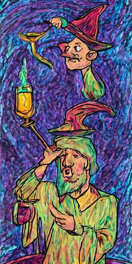 Prompt: a mystical man with a goblet on the table, wizard hat, psychedelic