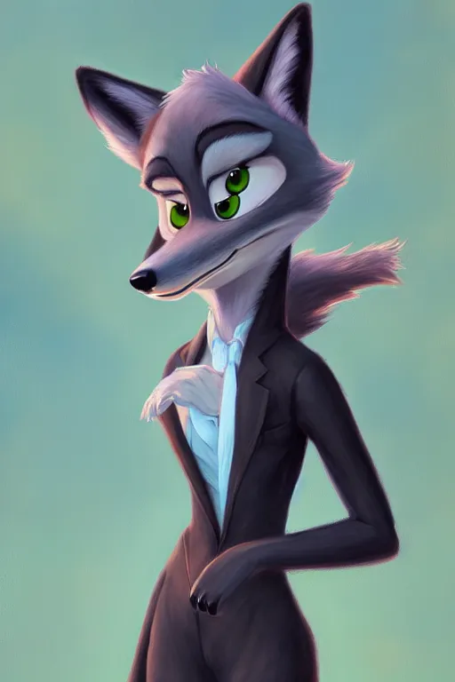 Image similar to oil painting of anthromorphic female wolf, in style of zootopia, female fursona, furry, furaffinity, 4 k, deviantart, furry art, fursona art, wearing black business suit, business suit, wolf fursona, female, smug expression,