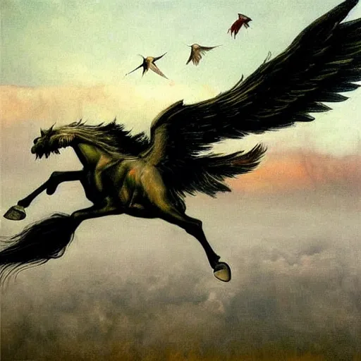 Prompt: an oil painting of a pegasus view from its side painted by esao andrews. circa survive album cover art. dark. muted colors. gothic. oil painting with brush strokes. creepy.