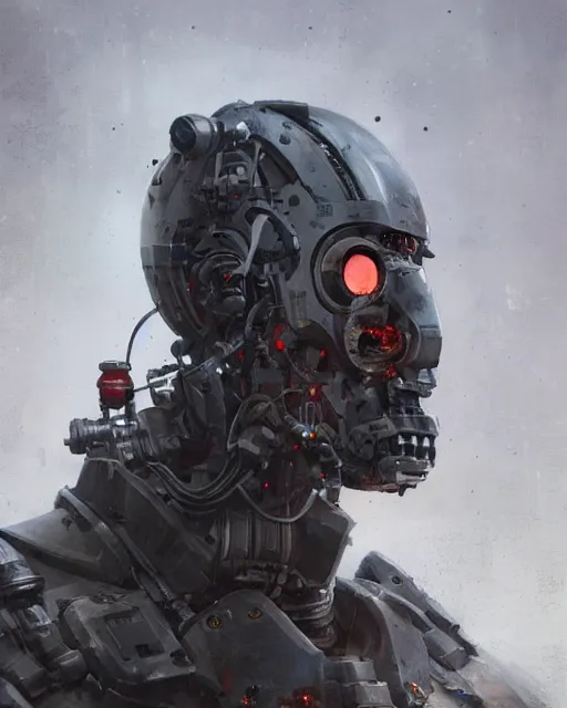 Image similar to a half - masked rugged laboratory engineer man with cybernetic enhancements as seen from a distance, scifi character portrait by greg rutkowski, esuthio, craig mullins, 1 / 4 headshot, cinematic lighting, dystopian scifi gear, gloomy, profile picture, mechanical, half robot, implants, steampunk