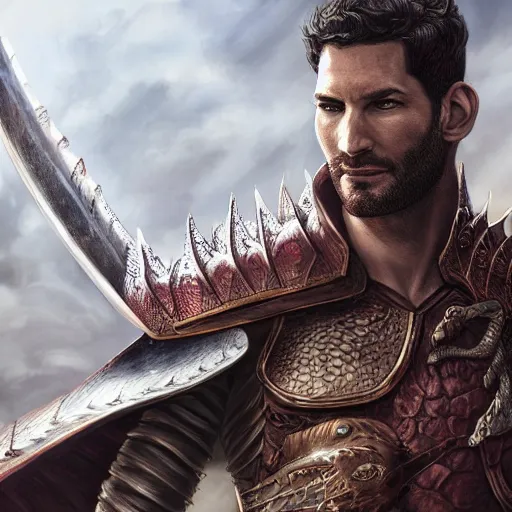 Image similar to Tom Ellis as a dragonslayer, digital art, highly detailed, award winning, concept art, intricate, sharp focus, masterpiece, Trending on Artstation HQ, unreal engine 5, 4K UHD image