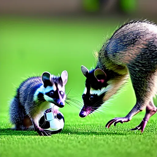 Image similar to a photograph of a soccer match between racoons and opossums