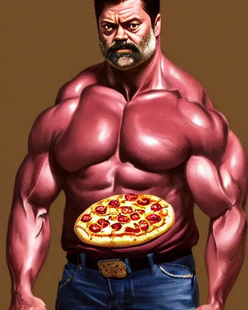 Image similar to gigachad ron swanson bodybuilder holding a pizza in final fight office by ilya kuvshinov, ernest khalimov body by krista sudmalis, fantasy character portrait, ultra realistic, concept art, intricate details, elegent, digital painting, smooth, sharp focus, illustration, art by artgerm and greg rutkowski and alphonse mucha, artstation