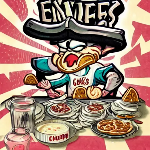 Image similar to evil human cookie cooking a bunch of cookies, in the kitchen, cuphead, painterly, logo, graffiti, elegant, highly detailed, digital art, art by jc leyendecker and sachin teng