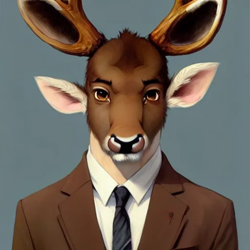 Image similar to character design portrait of a stupid chinese anthropomorphic furry deer man with deer ears, short brown hair, wearing a suits, looking at the camera, 4 k, concept art, by wlop, wenjun lin, watercolor, ilya kuvshinov, artgerm, krenz cushart, pixiv.