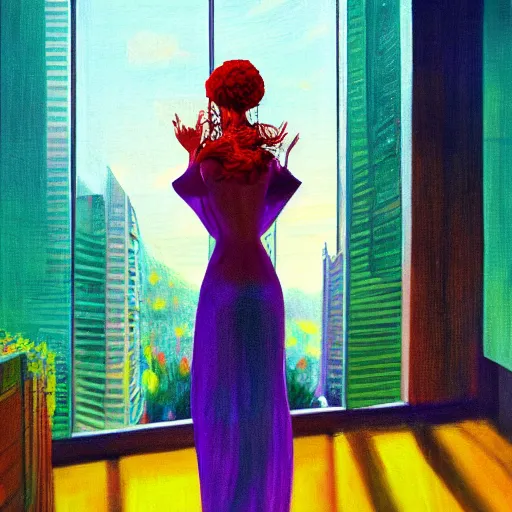 Image similar to giant flower under head, woman next to modern windows, luxury apartment, surreal photography, dramatic light, impressionist painting, digital painting, artstation, arthur adams