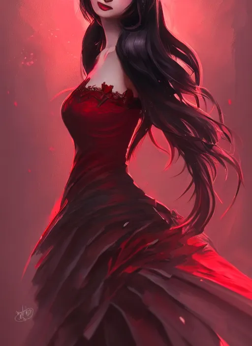 Image similar to a highly detailed illustration of hime cut black long haired woman wearing red dress, dramatic elegant smiling pose, perfect face, perfect body, intricate, elegant, highly detailed, centered, digital painting, artstation, concept art, smooth, sharp focus, league of legends concept art, wlop