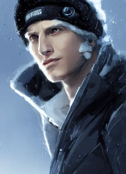 Prompt: patrick fabian wearing a black supreme puffer jacket and a beanie, elegant, digital painting, concept art, smooth, sharp focus, illustration, from starcraft by ruan jia and mandy jurgens and artgerm and william - adolphe bouguerea