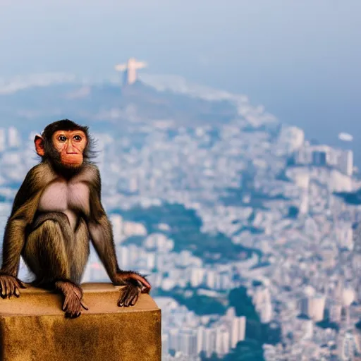 Image similar to high quality portrait of a monkey in front of Christ The Redeemer, studio photograph, photograph, realistic photo, 8k photo, 4k photo, stock photo, high resolution, cinematic shot, high detail