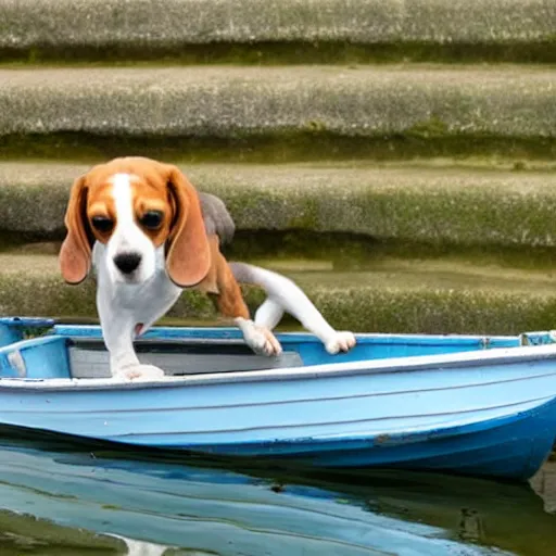 Prompt: a beagle building a boat in a bay