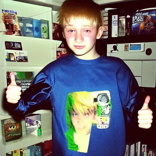 Image similar to 2 0 0 1, edgy 1 2 year old boy, frosted tips, y 2 k fashion, baggy jeans, og xbox on shelf, thumbs up