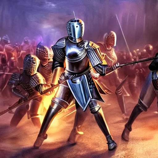 Image similar to female knight with an electric longsword rallies a band of troops, dramatic, dynamic lighting, colorful, intricate, hyper realism, 8 k, high resolution