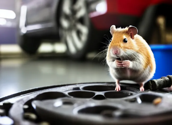 Image similar to film still of a hamster working as a mechanic in an auto shop, 8 k