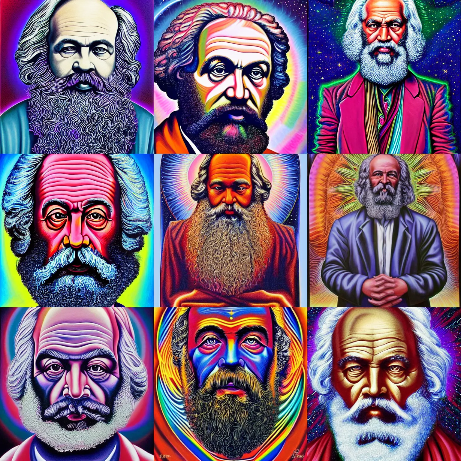 Prompt: cosmic Karl marx painting by alex grey, highly detailed, high quality, high definition