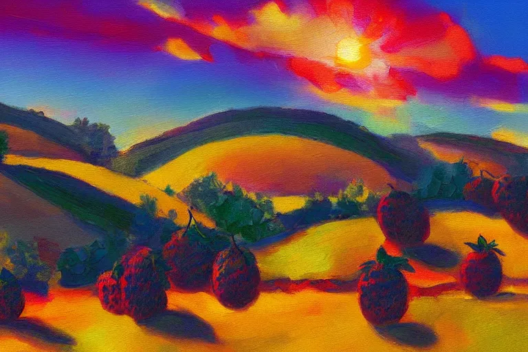 Image similar to hills with fruit trees, golden hour, by jill charuk and tsviatko kinchev, saturated, oil painting, glitch colors, 4 k