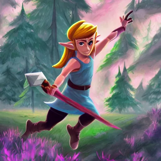 Image similar to link is running to save princess zelda, in forest background, lois van baarle