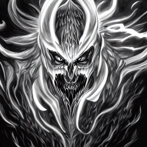 Image similar to grayscale drawing by Anato Finnstark of diablo lord of terror in 3/4 view, swirling flames