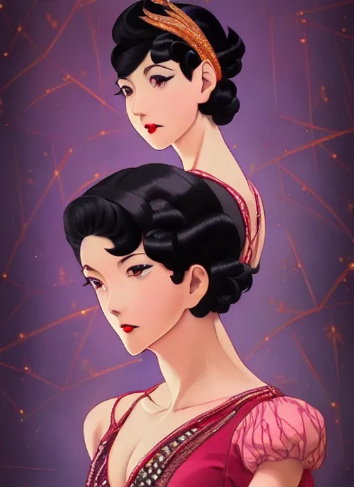 Image similar to a beautiful dancer with black hair in 1930's fashion, ballroom background, intricate, highly detailed, digital painting, artstation, official media, anime key visual, concept art, rich vivid colors, ambient lighting, sharp focus, illustration, art by Artgerm, Makoto Shinkai, Ilya Kuvshinov, Lois Van Baarle, and Rossdraws