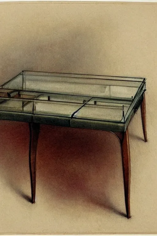 Prompt: ( ( ( ( ( 1 9 5 0's furniture. table with glass surface. muted colors. ) ) ) ) ) by jean - baptiste monge!!!!!!!!!!!!!!!!!!!!!!!!!!!