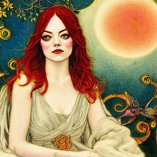 Image similar to emma stone portrait by louis - theophile hingre, zodiac, tarot cards, planets, ethereal, art nouveau