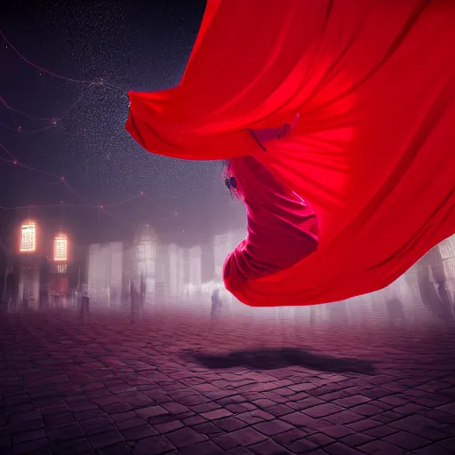 Prompt: a person enveloped in red silk cloth that blows in the wind stands in a dytopian highly detailed city at night, with volumetric lights in the distance. atmospheric light, rendering, octane, redshift