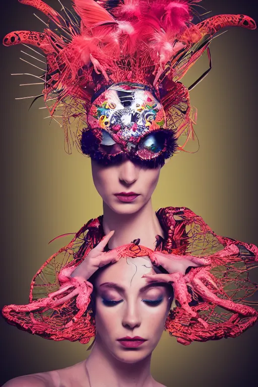 Image similar to woman with headdress, alexander mcqueen, flamingo baroque style, panfuturism, clockwork, floral, spider web, epic, hybrid, extravagant, retro futuristic, bold natural colors, masterpiece, trending on artstation, photography