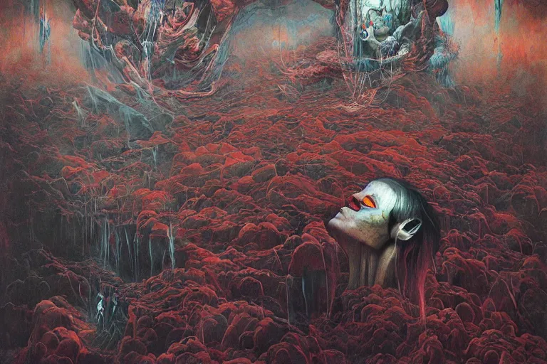 Prompt: The physical impossibility of death, in a brutalist architecture space ship, gothic, flowing rich deep colours, creepy, diabolical, dark, mystical, intrincate,painted by Francis bacon, Adrian ghenie, James jean and Petra cortright, Part Beksinski, part by Takato Yamamoto. 8k masterpiece