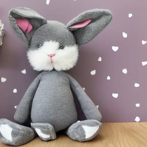 Prompt: flopsy the grey stuffed bunny comes to life in a 9 year old girls bedroom, photo realistic, fluffy, cute, adorable, no pink, gold wall, bunting