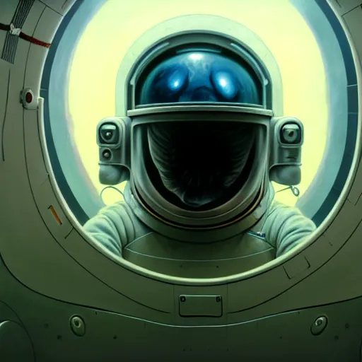 Image similar to detailed character concept art portrait of an astronaut floating in an empty chamber, artstation, award - winning realistic sci - fi concept art by zdzisław beksinski and greg rutkowski, jim burns, a realism masterpiece, james gilleard, bruegel, alphonse mucha, and yoshitaka amano