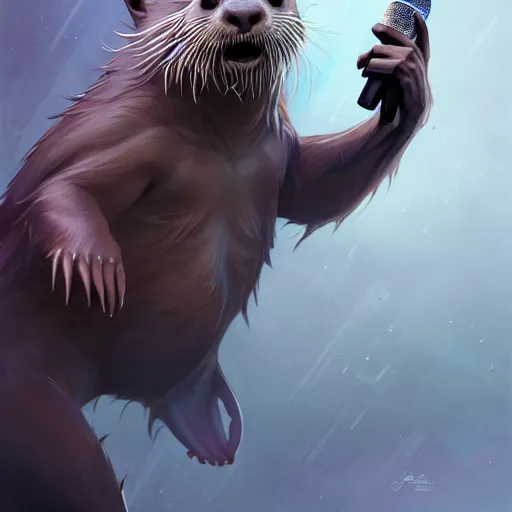 Image similar to a half otter half man creature holding a microphone,anthropomorphic,Character design by charlie bowater, ross tran, artgerm, and makoto shinkai, detailed, inked, western comic book art, 2021 award winning painting,digital art,ultra realistic,ultra detailed,art by greg rutkowski,photorealiatic,hyperdetailed,hyperrealistic,studio lighting,studio photography,professional photography,professional lighting,detailed face,3 point lighting,4k