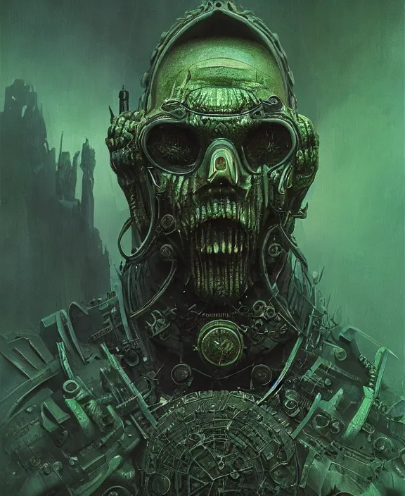 Image similar to a portrait of an evil green steampunk dark lord, by hr giger and beksinski and stephan martiniere, 4 k resolution, detailed, 3 d render, unreal engine, octane render, trending on artstation