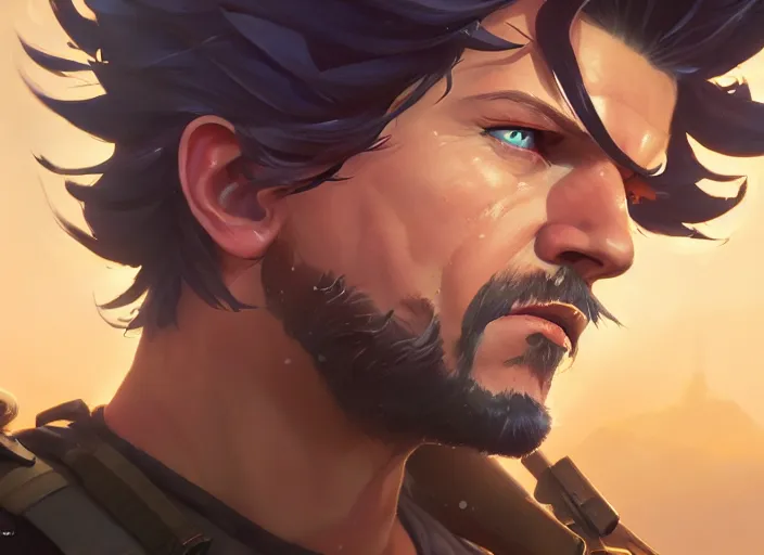 Image similar to highly detailed portrait of solid snake, in no game no life, stephen bliss, 8 k, unreal engine, fantasy art by greg rutkowski, loish, rhads, ferdinand knab, makoto shinkai and lois van baarle, ilya kuvshinov, rossdraws, tom bagshaw, global illumination, radiant light, detailed and intricate environment